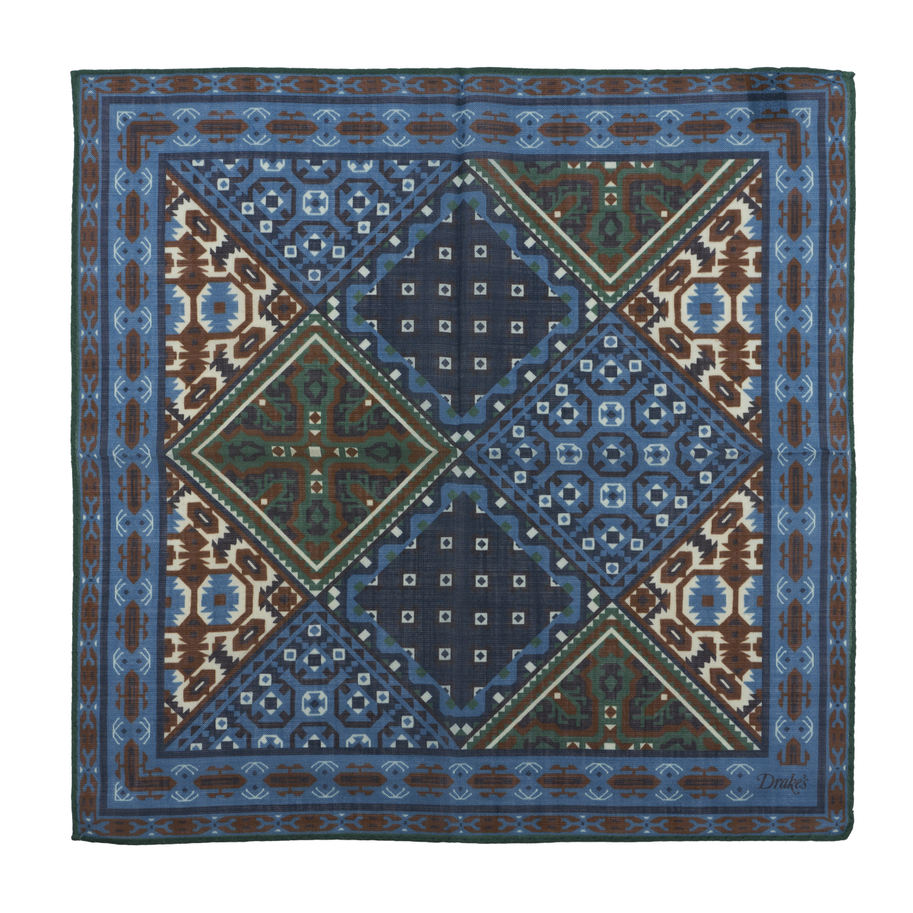 Drake's Pocket Square in Woven Wool-Silk with Printed Antique Kaleidescope Motif