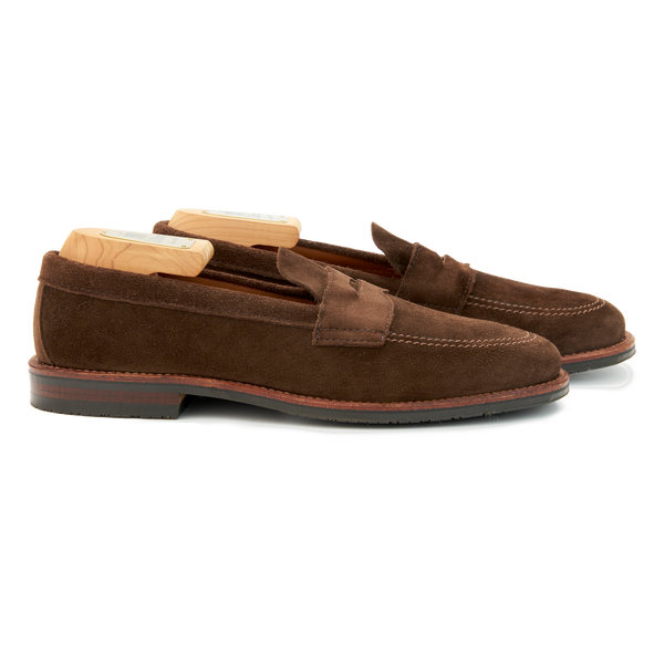 Alden Unlined Penny Loafer in Dark Brown Suede with Rubber Sole
