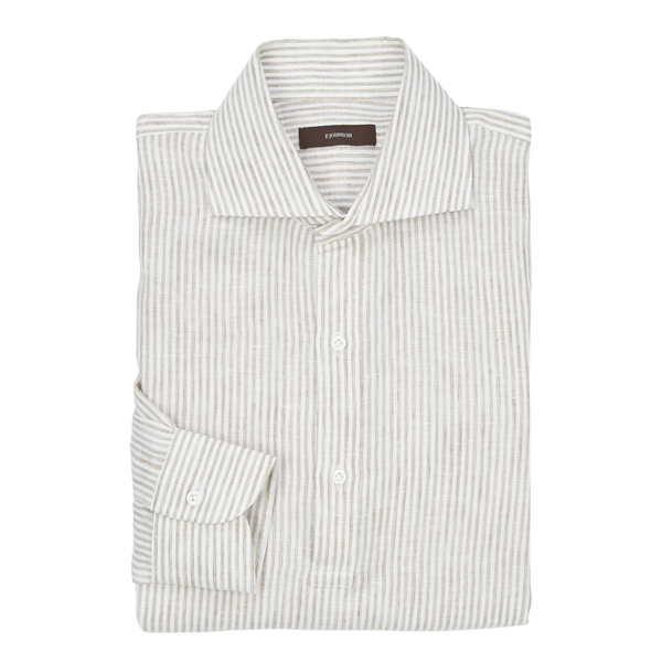 P. Johnson Popover in Beige and White Stripe Linen with Cutaway Collar
