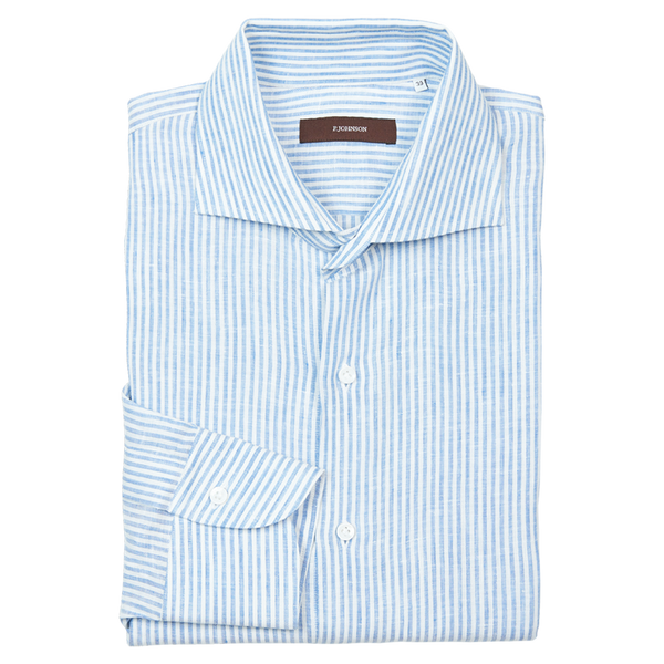 P. Johnson Shirt in Blue and White Stripe Linen with CA4.0 Collar
