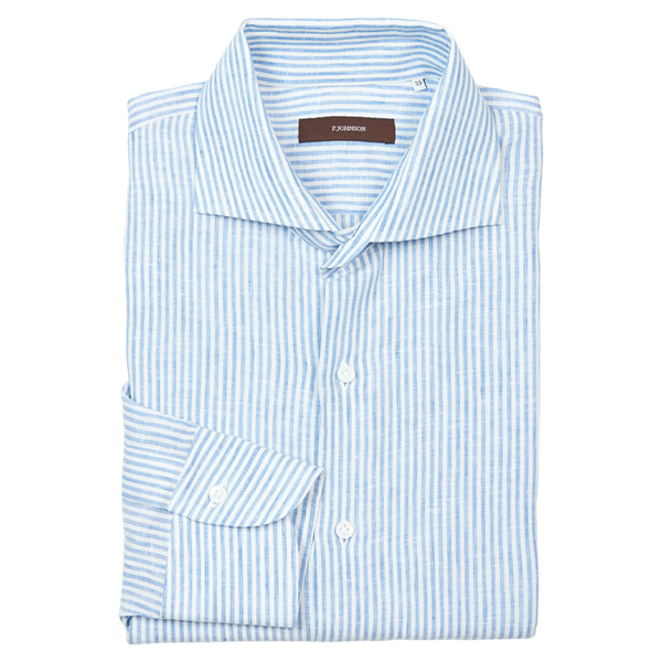 P. Johnson Shirt in Blue and White Stripe Linen with Cutaway Collar