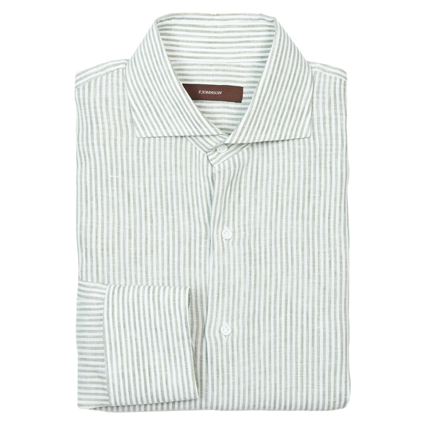 P. Johnson Shirt in Olive Green and White Stripe Linen with Cutaway Collar