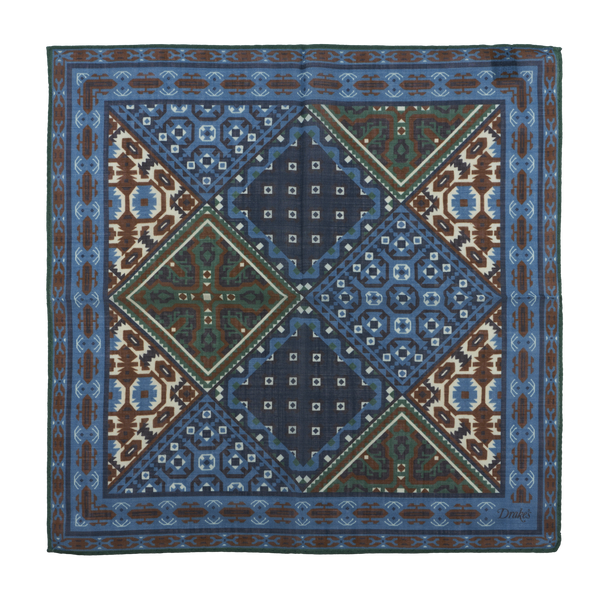 Drake's Pocket Square in Woven Wool-Silk with Printed Antique Kaleidescope Motif