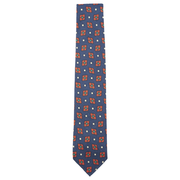 Drake's Tie in Printed Honan Silk with Square Motif and Hand-Rolled Tip