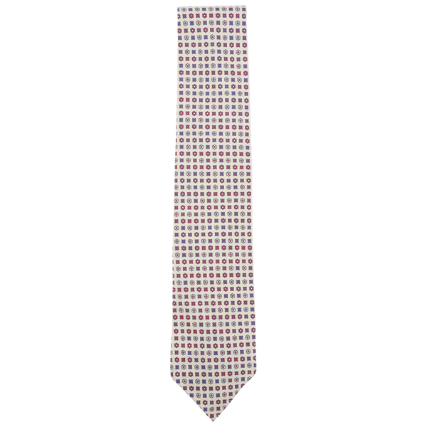 Drake's Tie in Printed Honan Silk with Floral and Square Motif and Hand-Rolled Tip