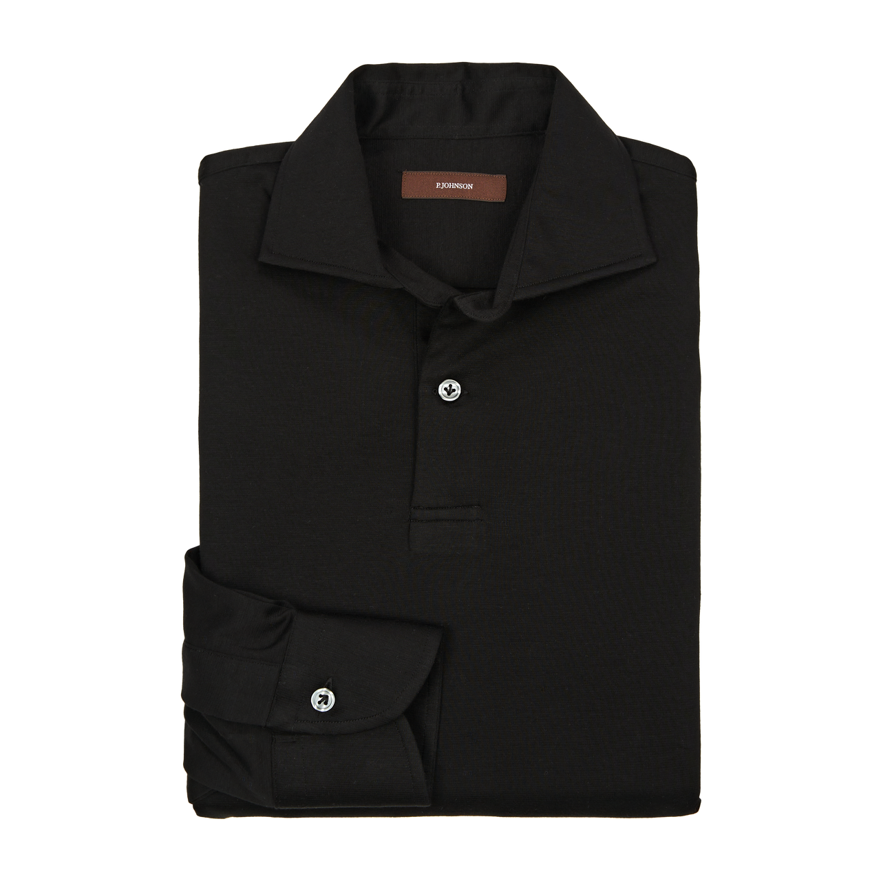 P. Johnson Polo in Black Cotton Jersey with Cutaway Collar