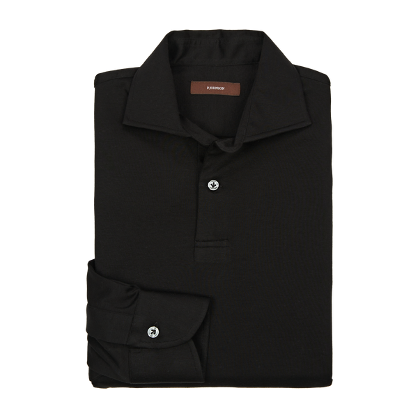 P. Johnson Polo in Black Cotton Jersey with Cutaway Collar