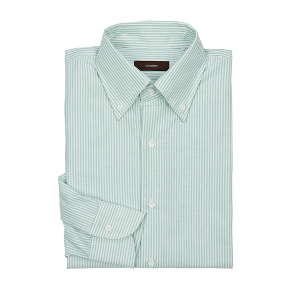 P. Johnson Shirt in Green Stripe Organic Cotton Oxford with Button Down Collar