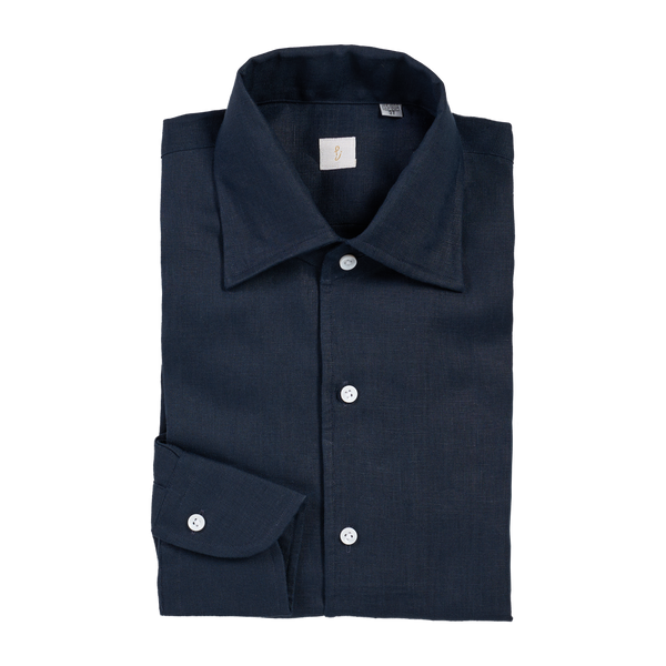 P. Johnson Shirt in Dark Navy Linen with One-Piece Button Down Collar