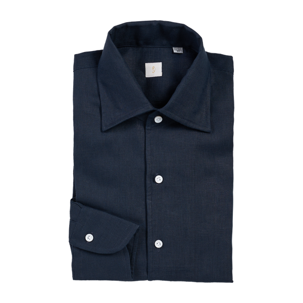 P. Johnson Shirt in Dark Navy Linen with Button Down Collar