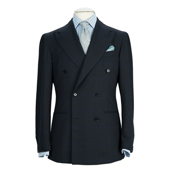 Ring Jacket Double Breasted Suit 268E-S178 in Charcoal Grey with Navy Overcheck Wool